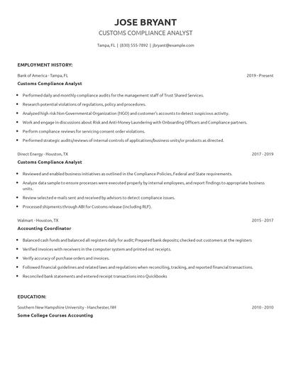 Customs Compliance Analyst Resume