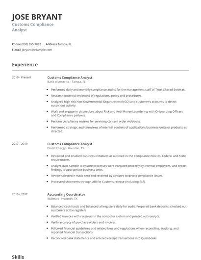 Customs Compliance Analyst Resume