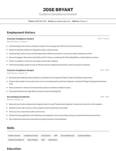 Customs Compliance Analyst Resume