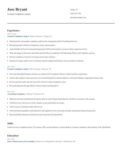 Customs Compliance Analyst Resume