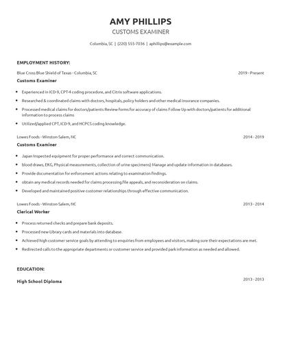 Customs Examiner Resume