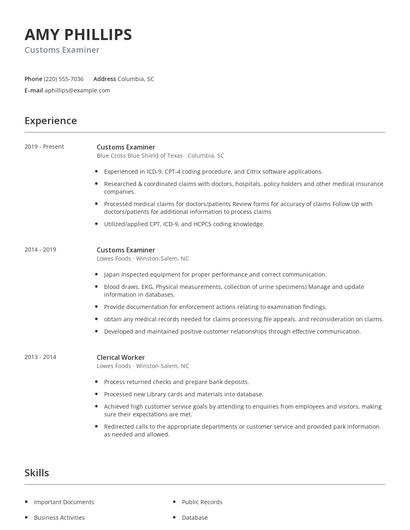 Customs Examiner Resume