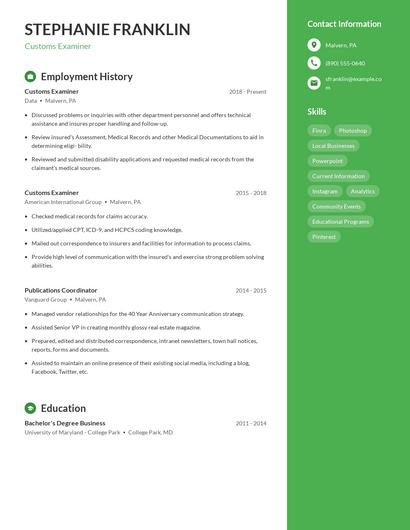 Customs Examiner Resume
