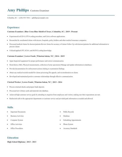 Customs Examiner Resume