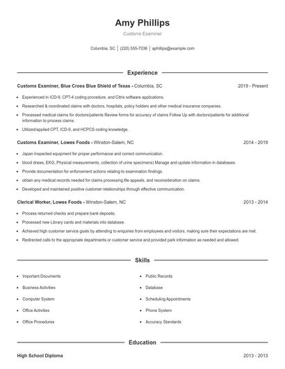 Customs Examiner Resume