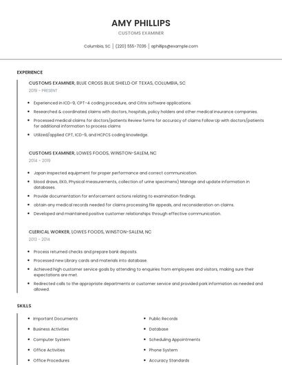 Customs Examiner Resume