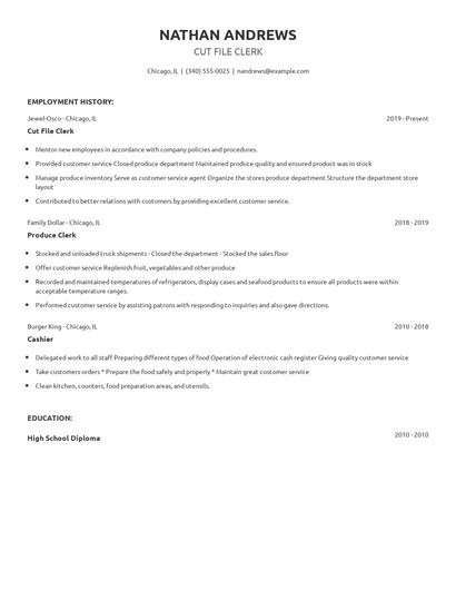 Cut File Clerk Resume