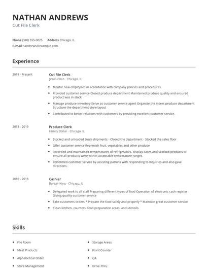 Cut File Clerk Resume