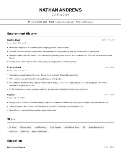 Cut File Clerk Resume