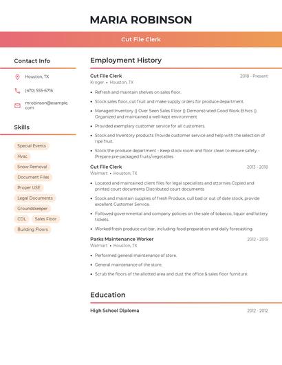 Cut File Clerk Resume