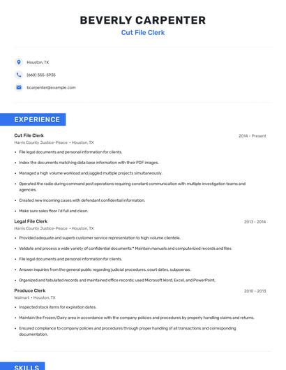 Cut File Clerk Resume
