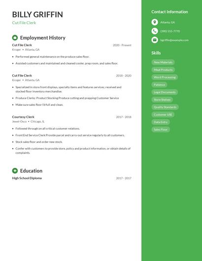 Cut File Clerk Resume