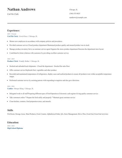 Cut File Clerk Resume