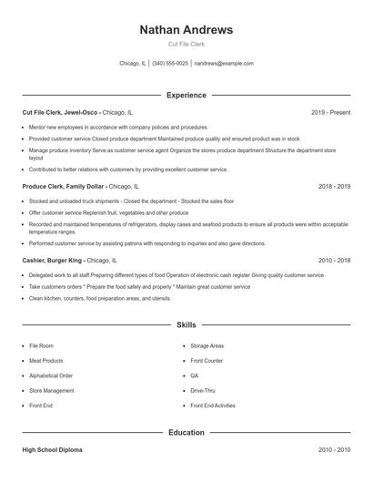 Cut File Clerk Resume