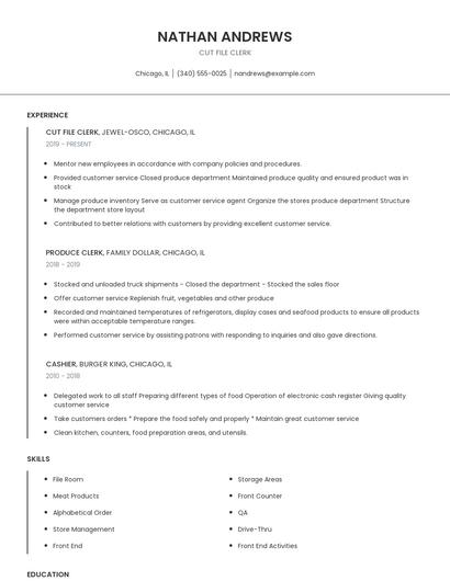 Cut File Clerk Resume