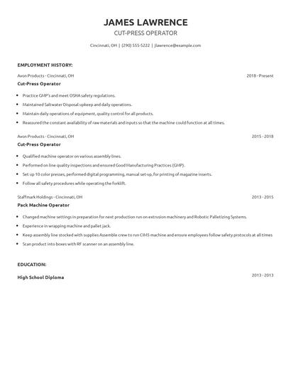 Cut-Press Operator Resume