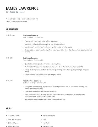 Cut-Press Operator Resume