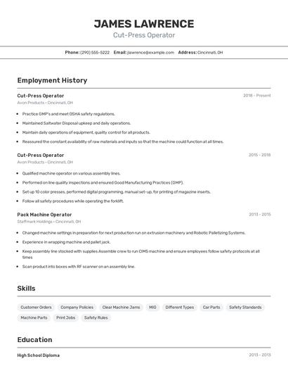 Cut-Press Operator Resume