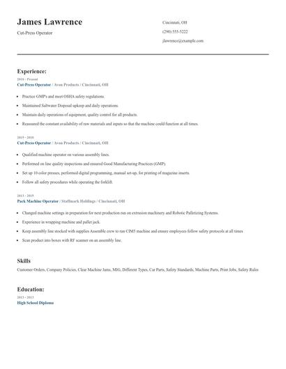 Cut-Press Operator Resume
