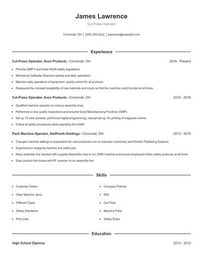 Cut-Press Operator Resume