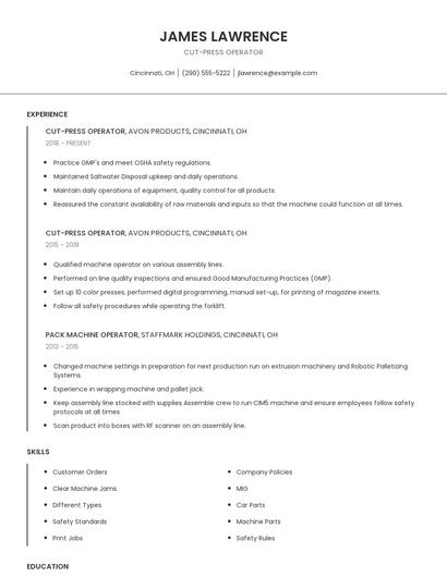 Cut-Press Operator Resume