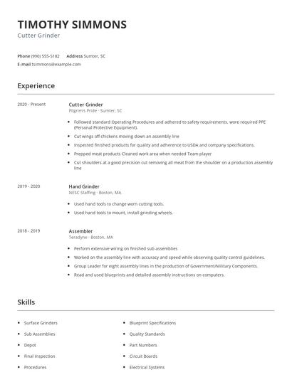 Cutter Grinder Resume