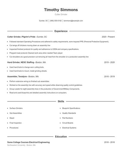 Cutter Grinder Resume