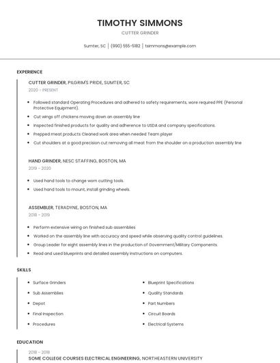 Cutter Grinder Resume