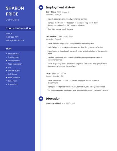 Dairy Clerk Resume