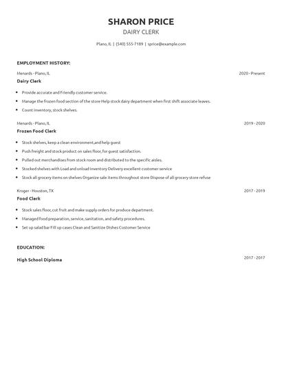 Dairy Clerk Resume