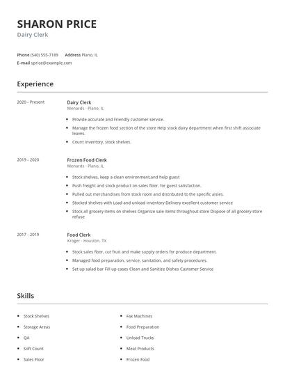 Dairy Clerk Resume