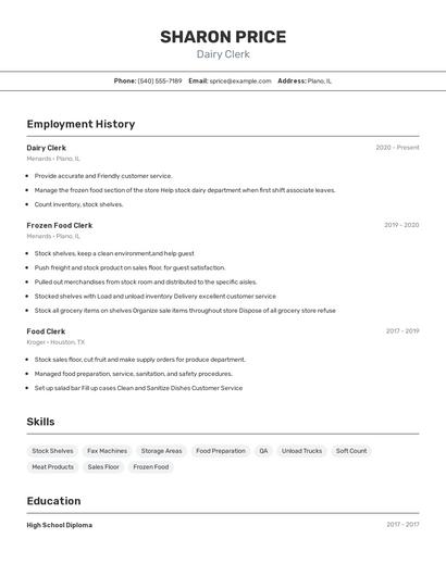 Dairy Clerk Resume