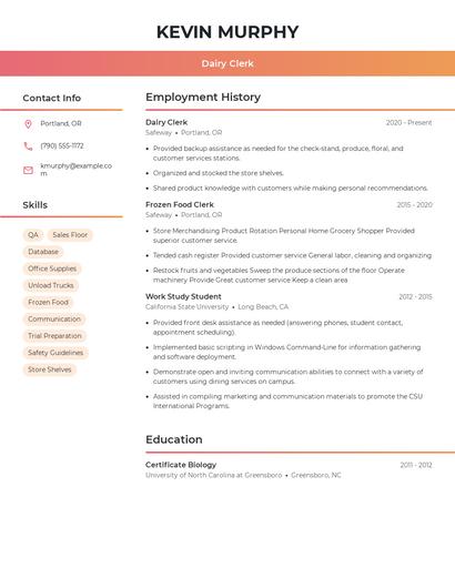 Dairy Clerk Resume