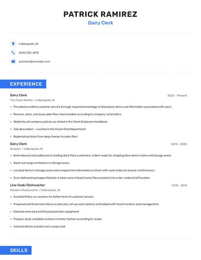 Dairy Clerk Resume