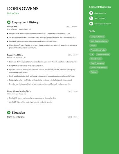 Dairy Clerk Resume