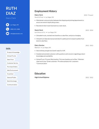 Dairy Clerk Resume