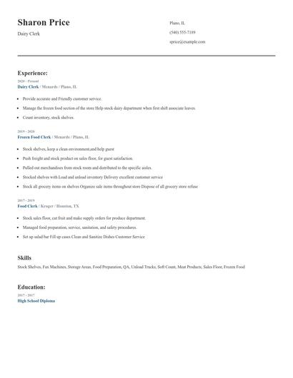 Dairy Clerk Resume