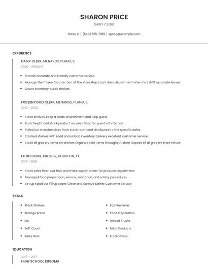 Dairy Clerk Resume
