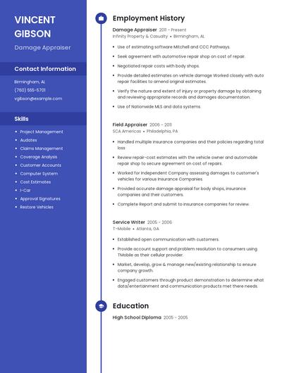 Damage Appraiser Resume