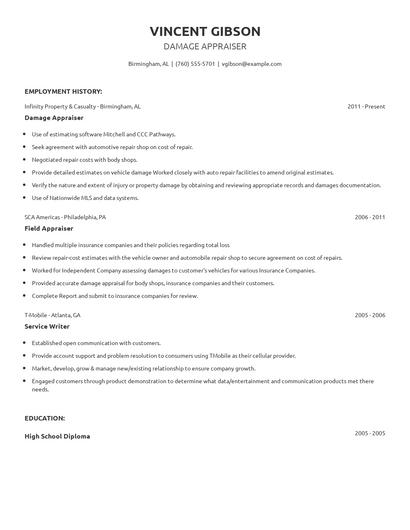 Damage Appraiser Resume