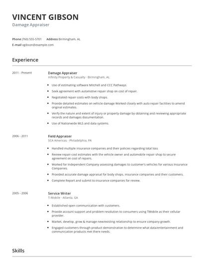 Damage Appraiser Resume