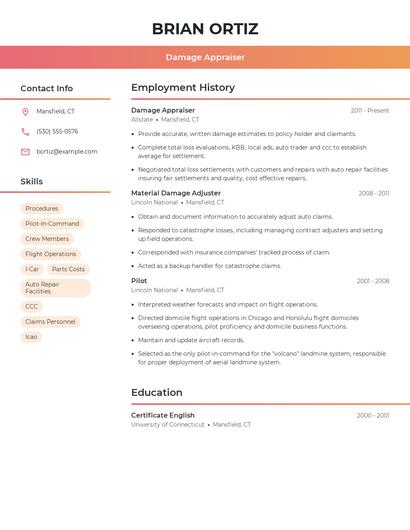 Damage Appraiser Resume