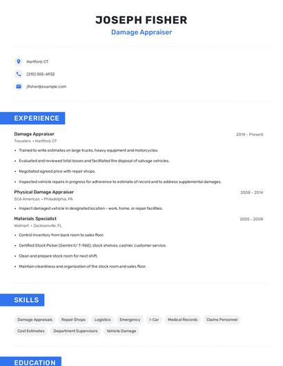 Damage Appraiser Resume