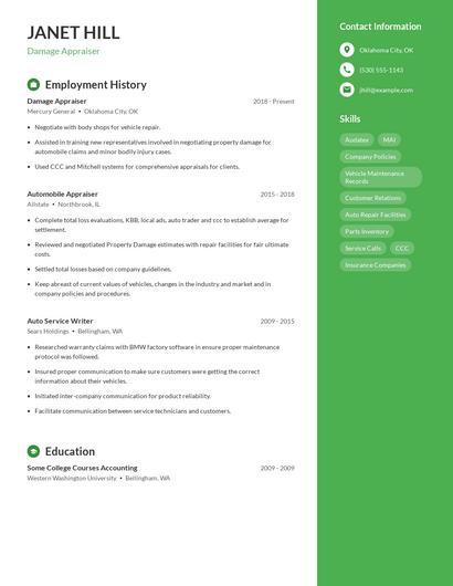 Damage Appraiser Resume