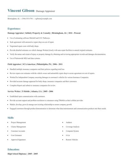 Damage Appraiser Resume