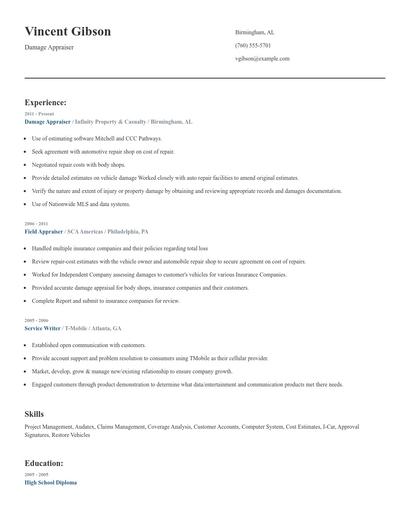 Damage Appraiser Resume
