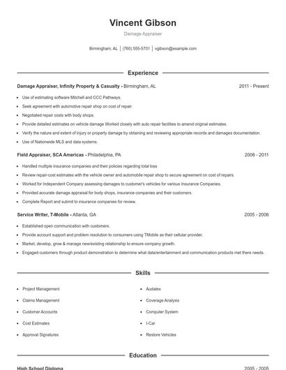 Damage Appraiser Resume