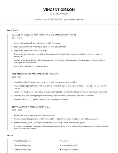Damage Appraiser Resume