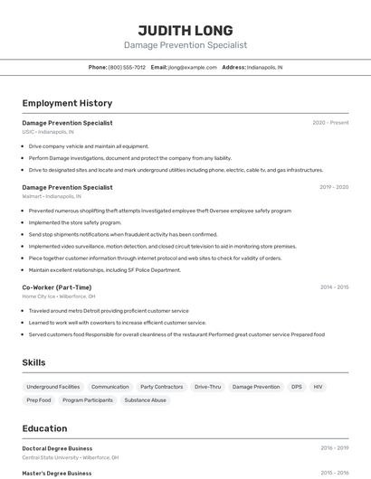 Damage Prevention Specialist Resume