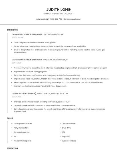 Damage Prevention Specialist Resume